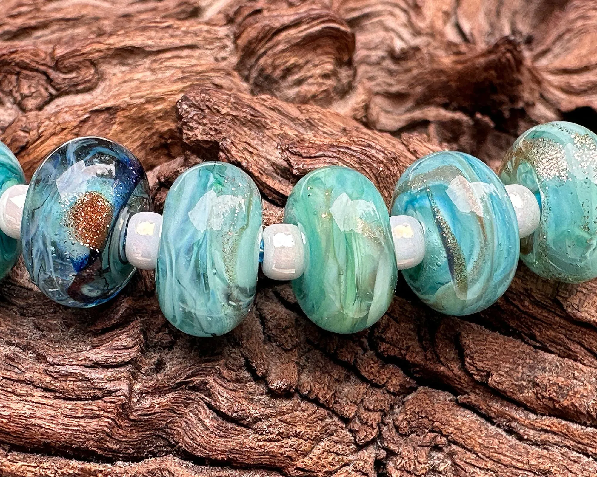 10 Aqua Mystic Treasure Lampwork Beads Set SRA