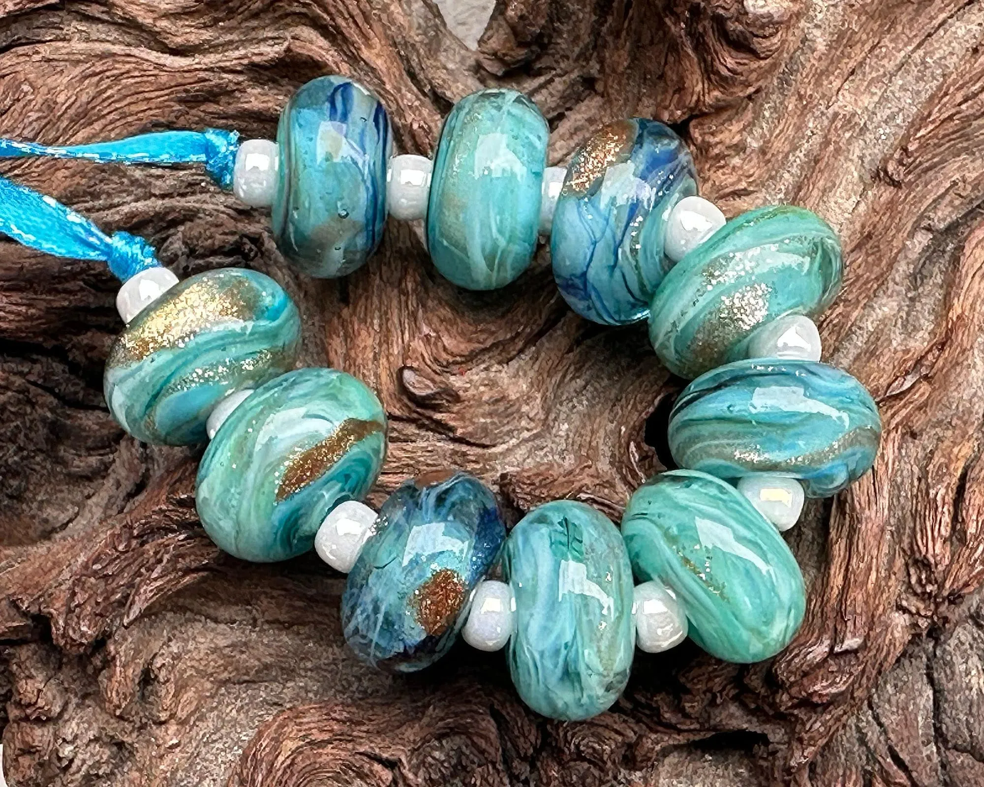 10 Aqua Mystic Treasure Lampwork Beads Set SRA