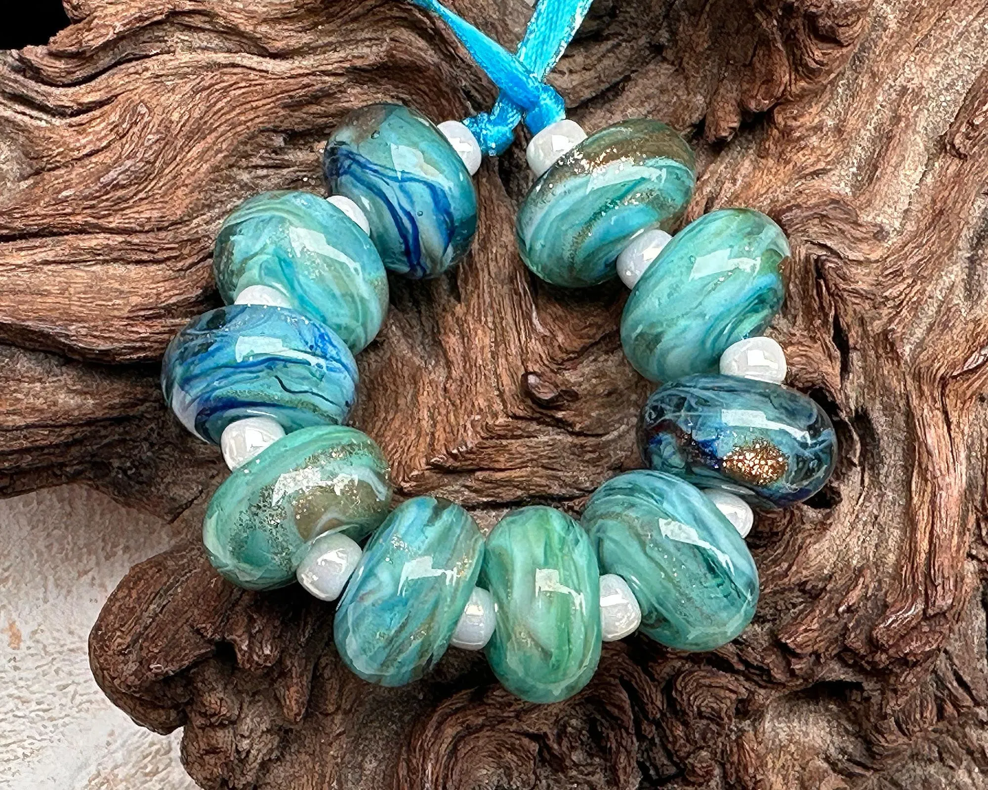 10 Aqua Mystic Treasure Lampwork Beads Set SRA