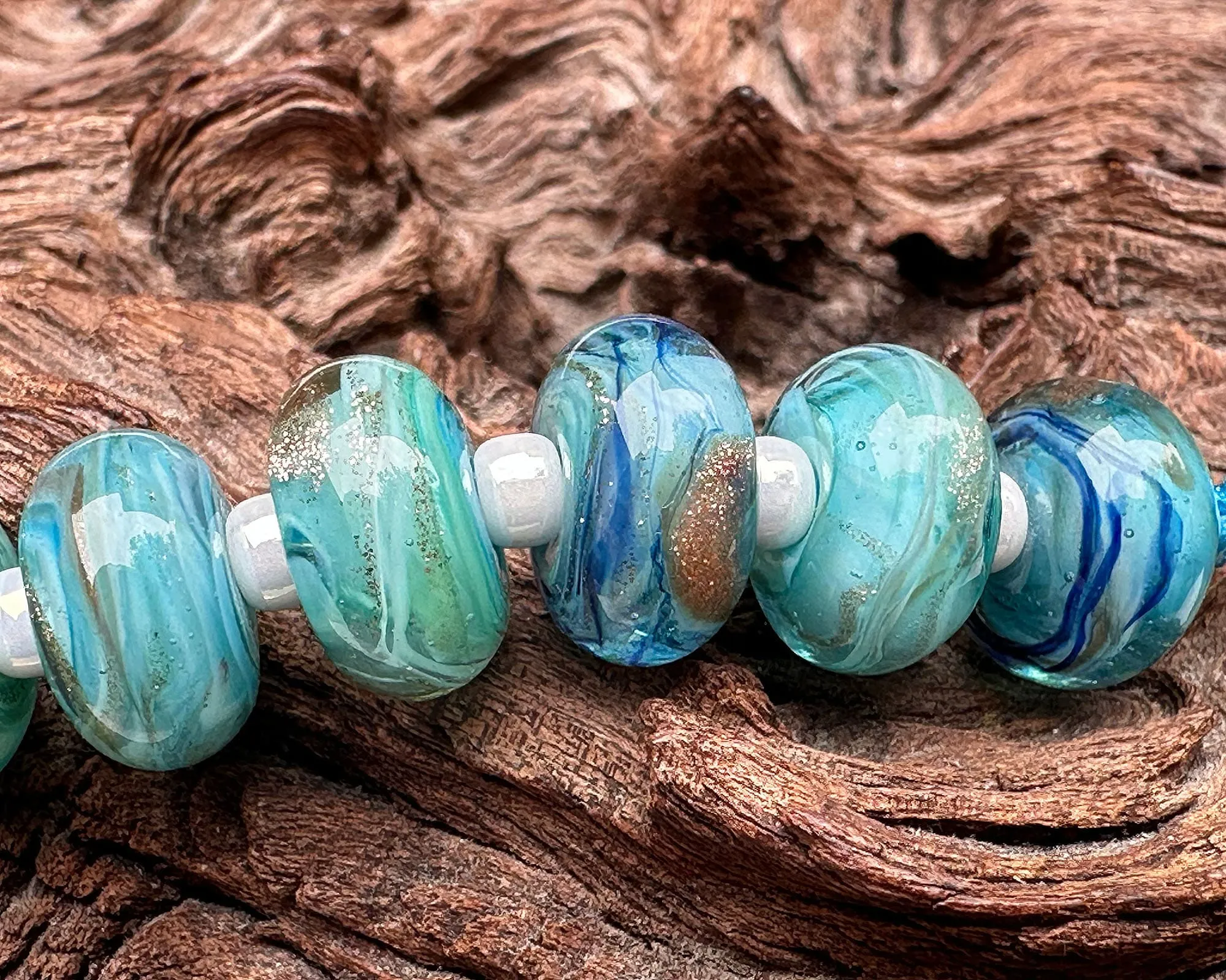 10 Aqua Mystic Treasure Lampwork Beads Set SRA