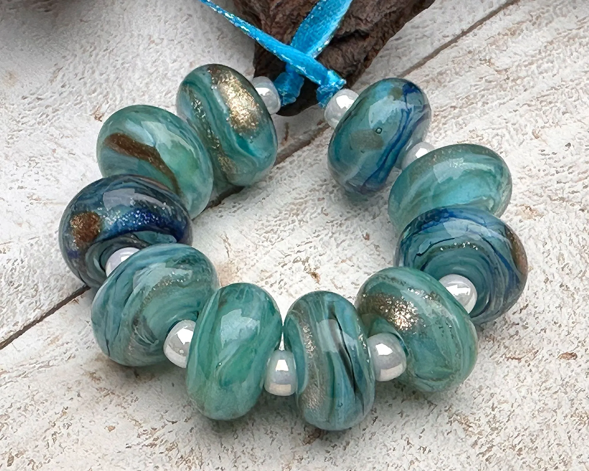 10 Aqua Mystic Treasure Lampwork Beads Set SRA