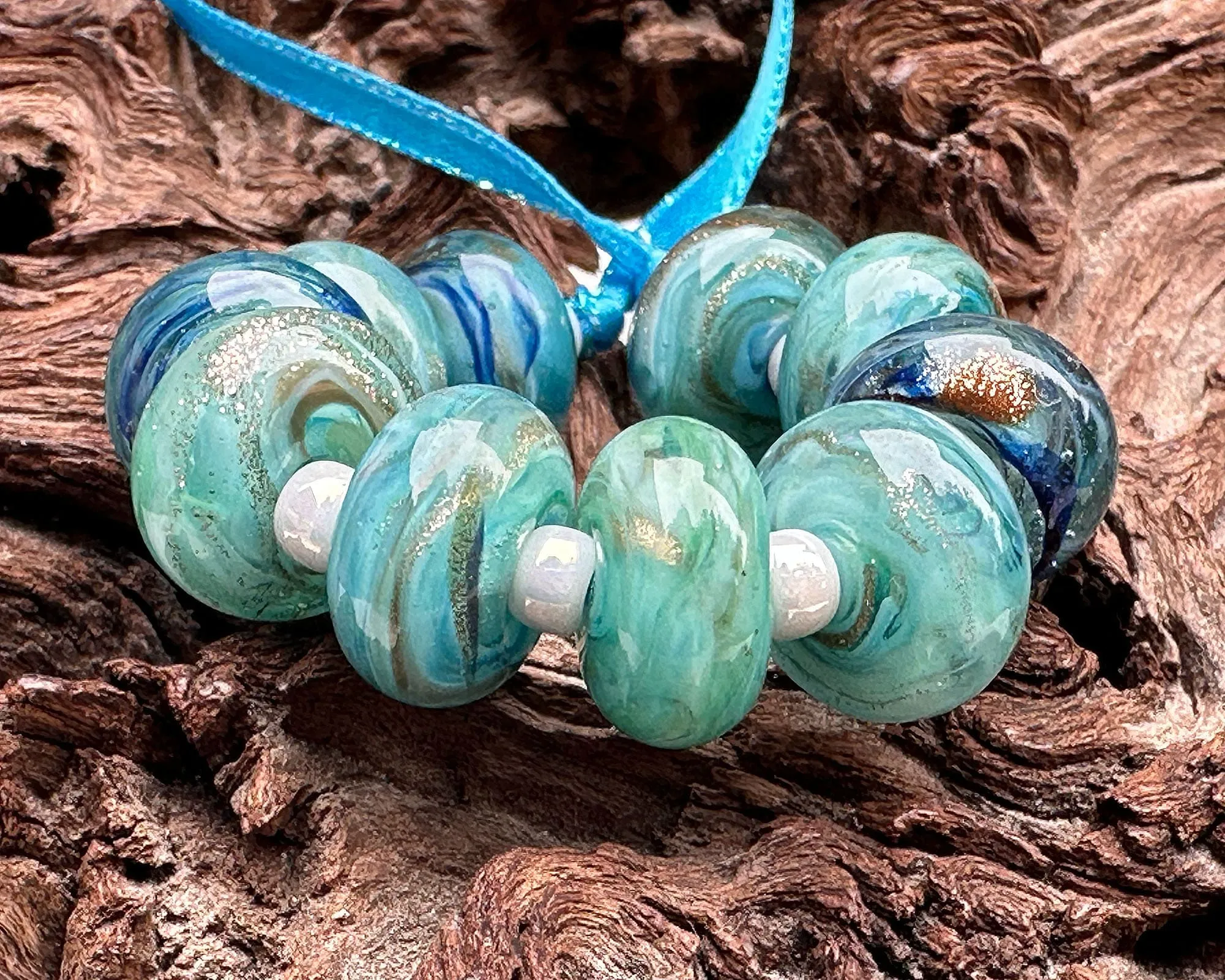 10 Aqua Mystic Treasure Lampwork Beads Set SRA