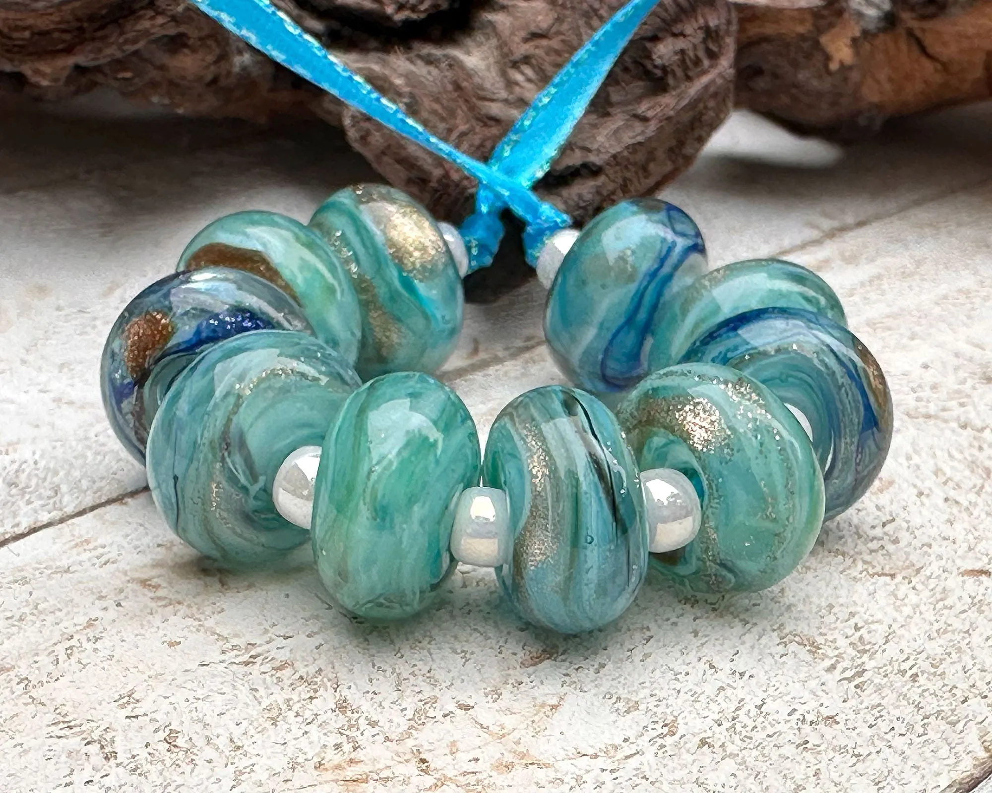 10 Aqua Mystic Treasure Lampwork Beads Set SRA