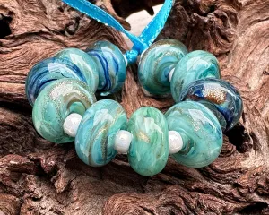 10 Aqua Mystic Treasure Lampwork Beads Set SRA