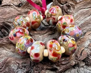 10 Autumn Rose Swirl Lampwork Beads Set SRA