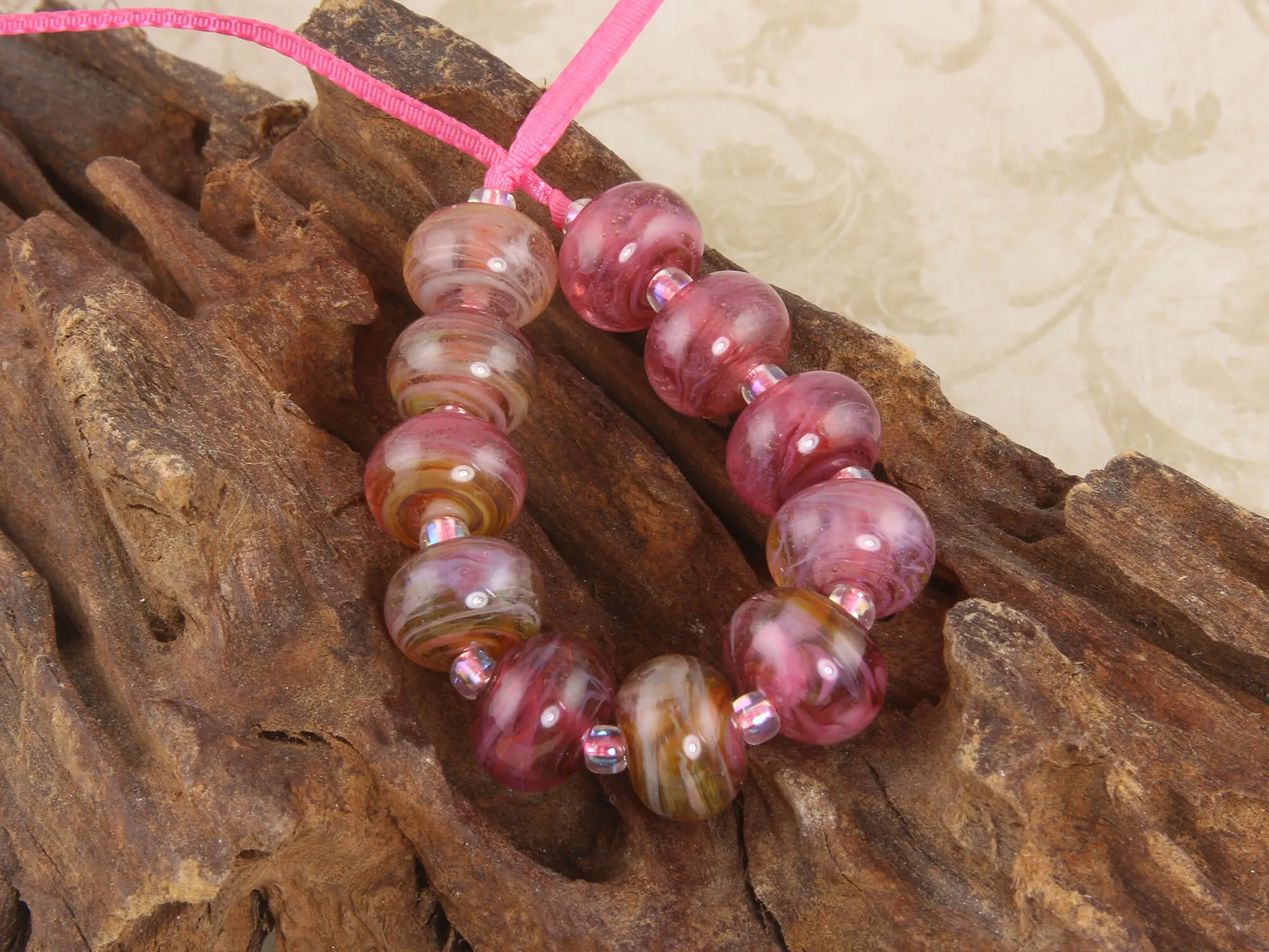 11 Kiss Me Pink Swirl Lampwork Beads Set SRA