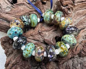 14 Blue Green Organic Mix Lampwork Beads Set SRA