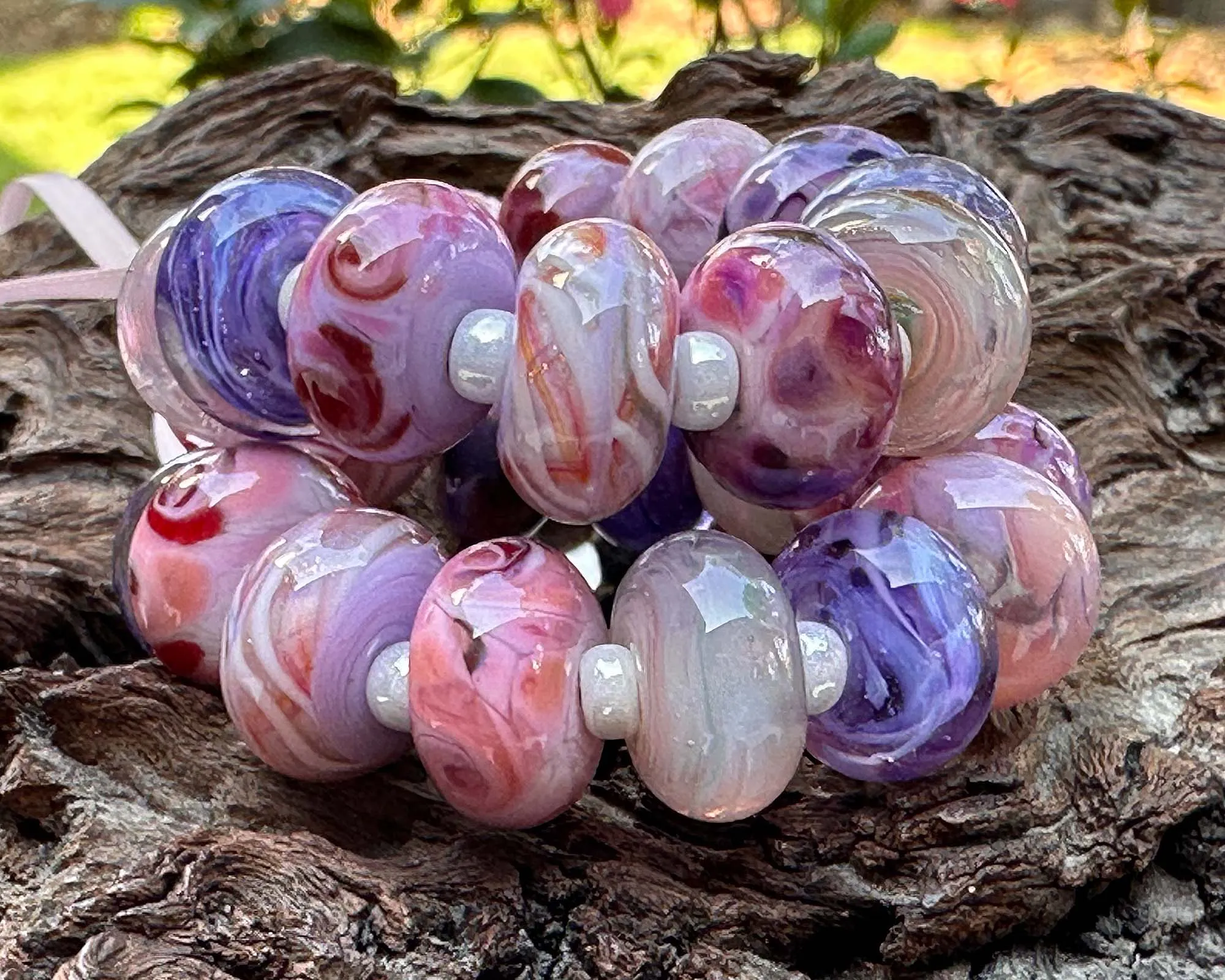 25 Berry Blush Pink & Purple Swirls Lampwork Beads Set SRA