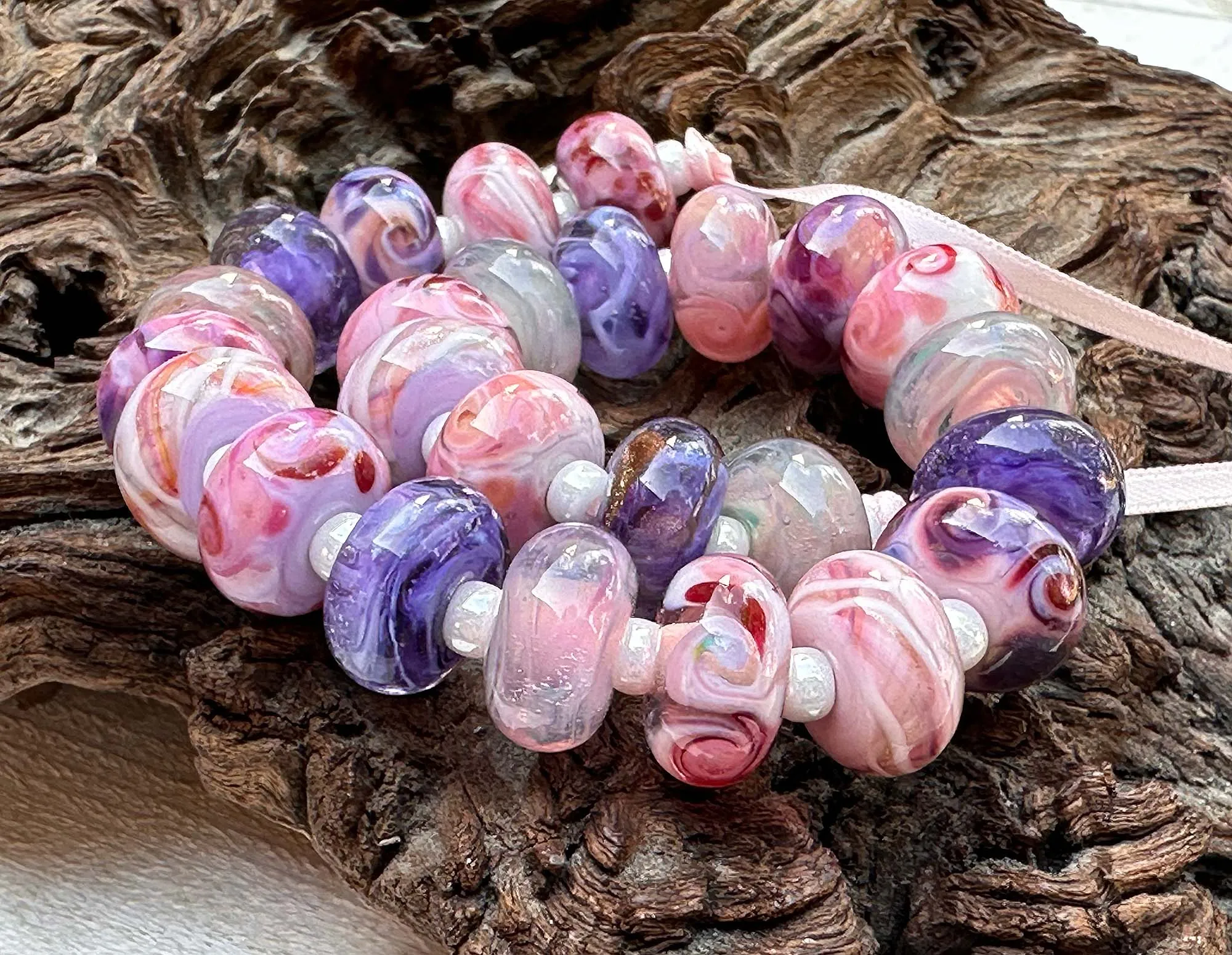 25 Berry Blush Pink & Purple Swirls Lampwork Beads Set SRA