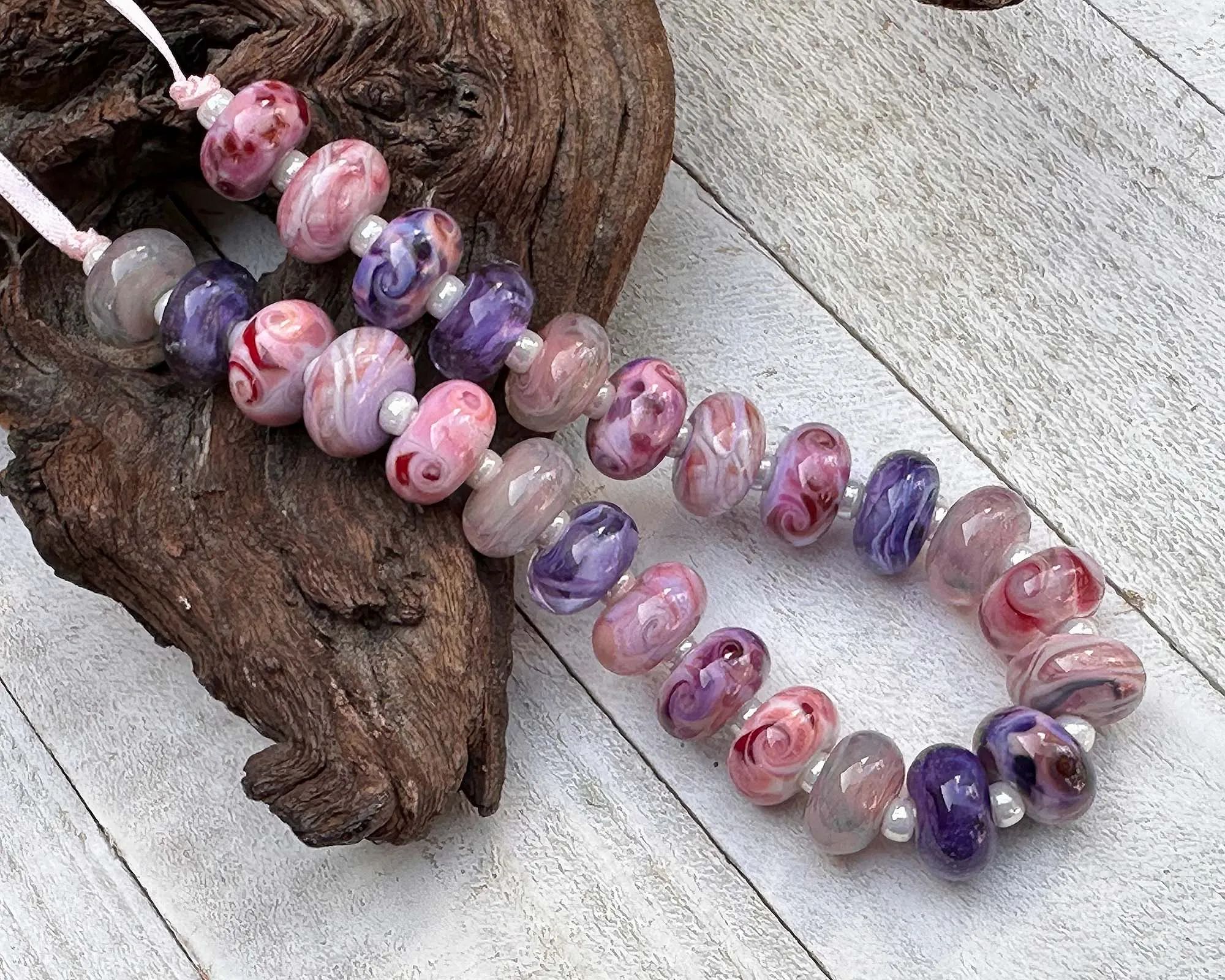 25 Berry Blush Pink & Purple Swirls Lampwork Beads Set SRA