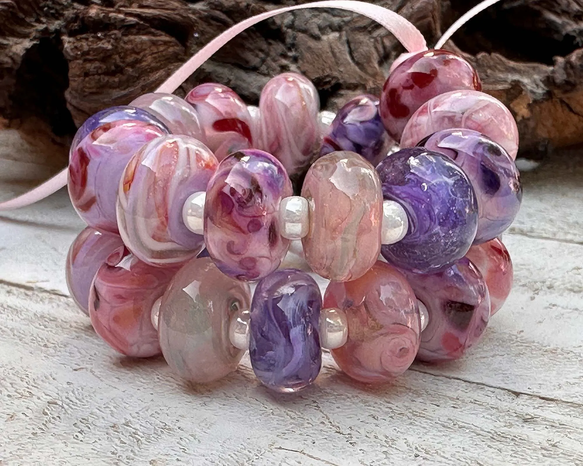 25 Berry Blush Pink & Purple Swirls Lampwork Beads Set SRA