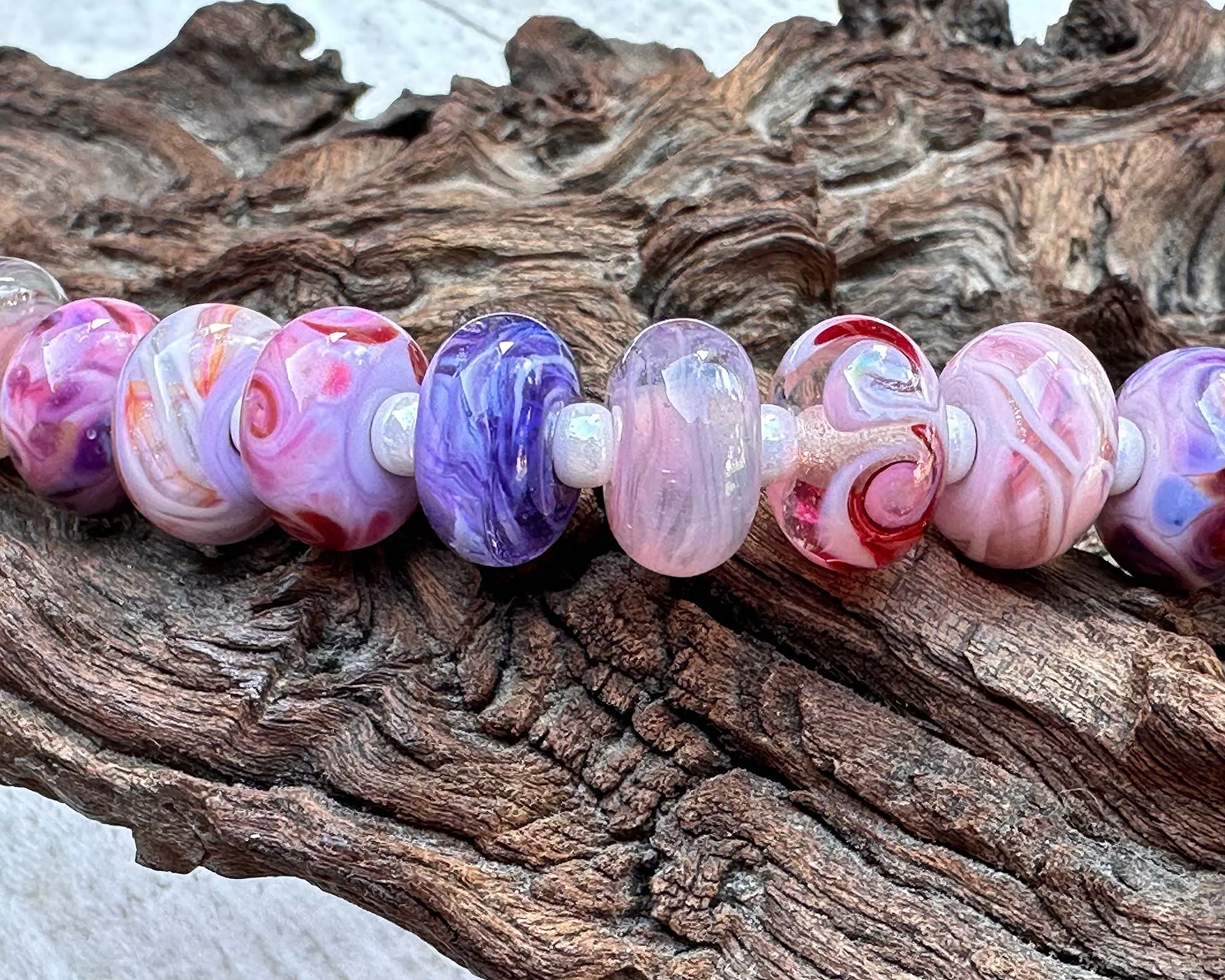 25 Berry Blush Pink & Purple Swirls Lampwork Beads Set SRA