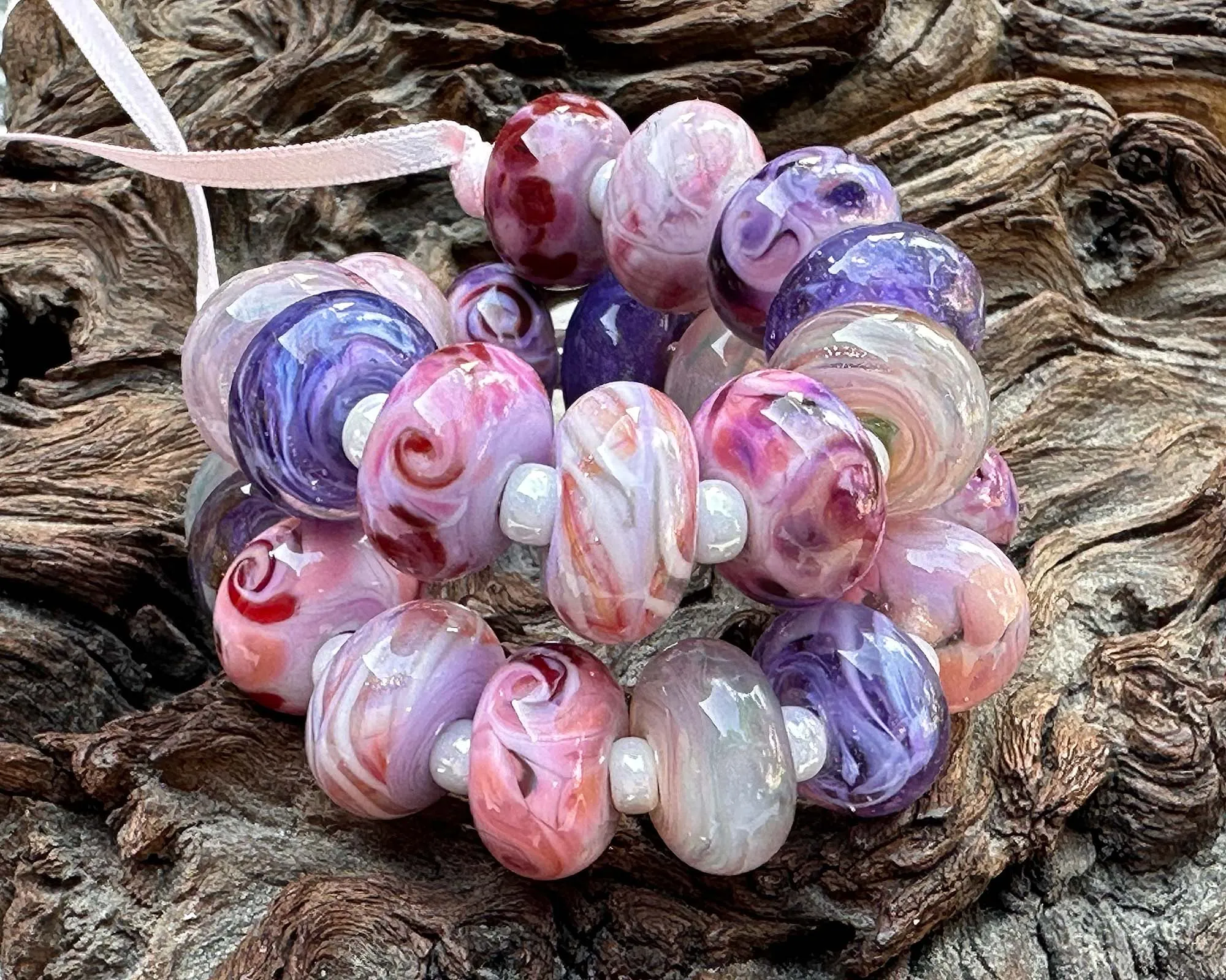 25 Berry Blush Pink & Purple Swirls Lampwork Beads Set SRA