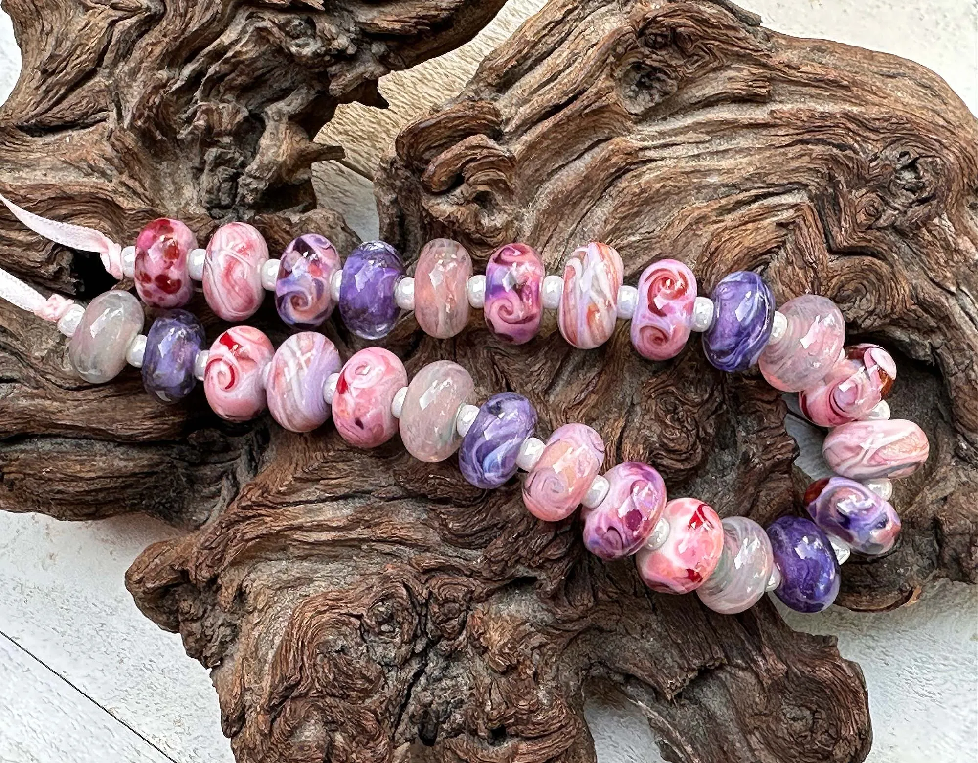 25 Berry Blush Pink & Purple Swirls Lampwork Beads Set SRA