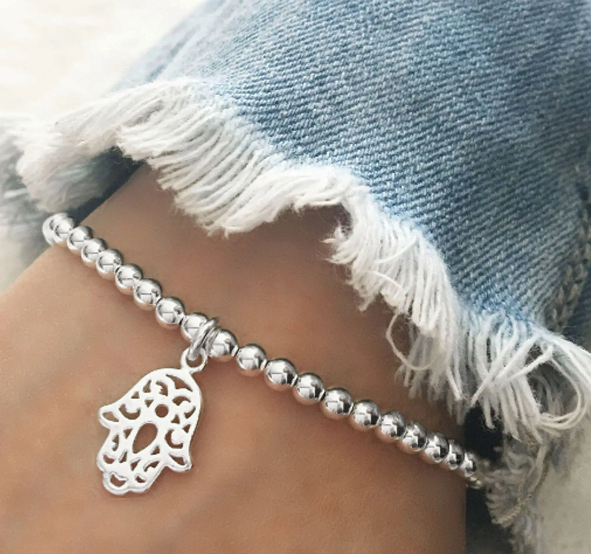 925 Sterling Silver Stretch Hamsa Charm Bracelet, Sterling Silver Bracelet, Hamsa Bracelet, Stacked Bracelets