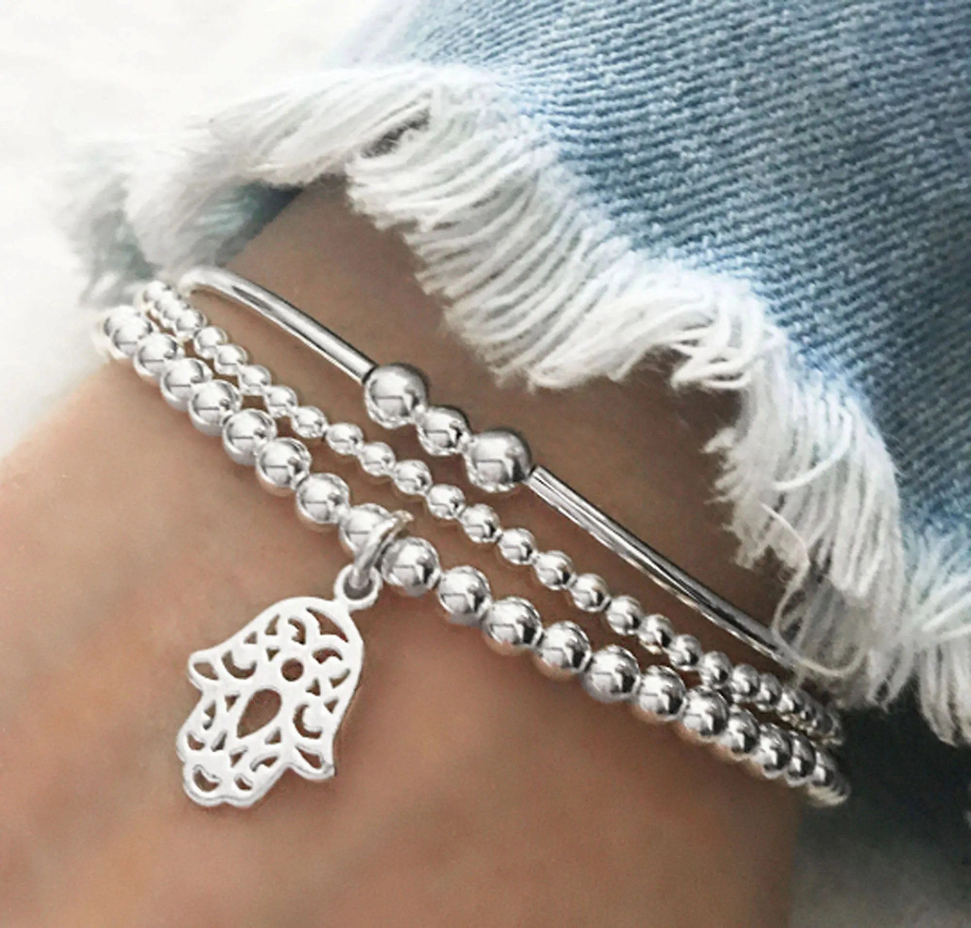 925 Sterling Silver Stretch Hamsa Charm Bracelet, Sterling Silver Bracelet, Hamsa Bracelet, Stacked Bracelets