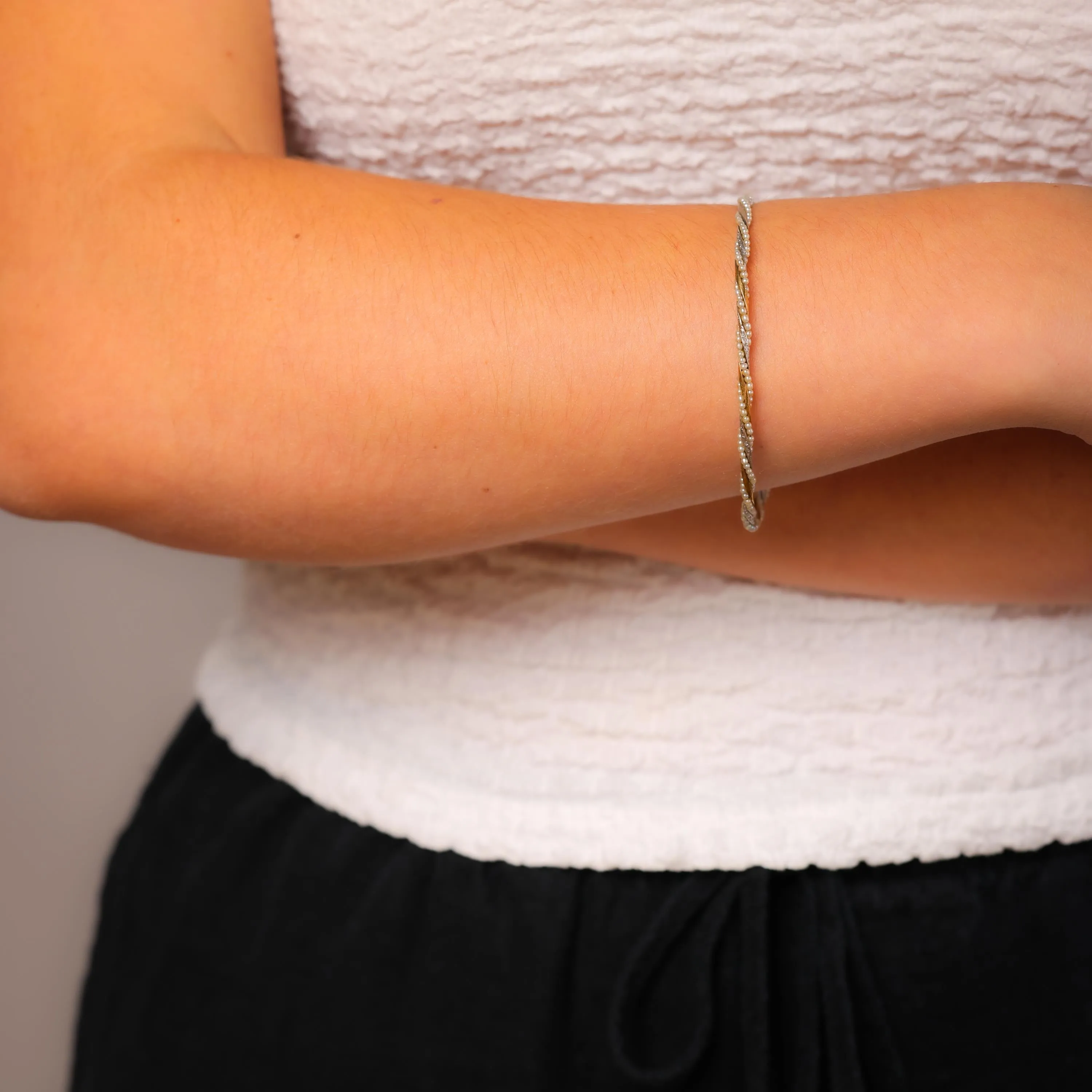 Antique seed pearl 18k yellow gold twisted bangle