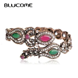 Blucome Latest Vintage Women Party Bangles Red Acrylic Resin Tulip Flower Bracelets Full Crystal Turkish Bijuterias Hand Jewelry