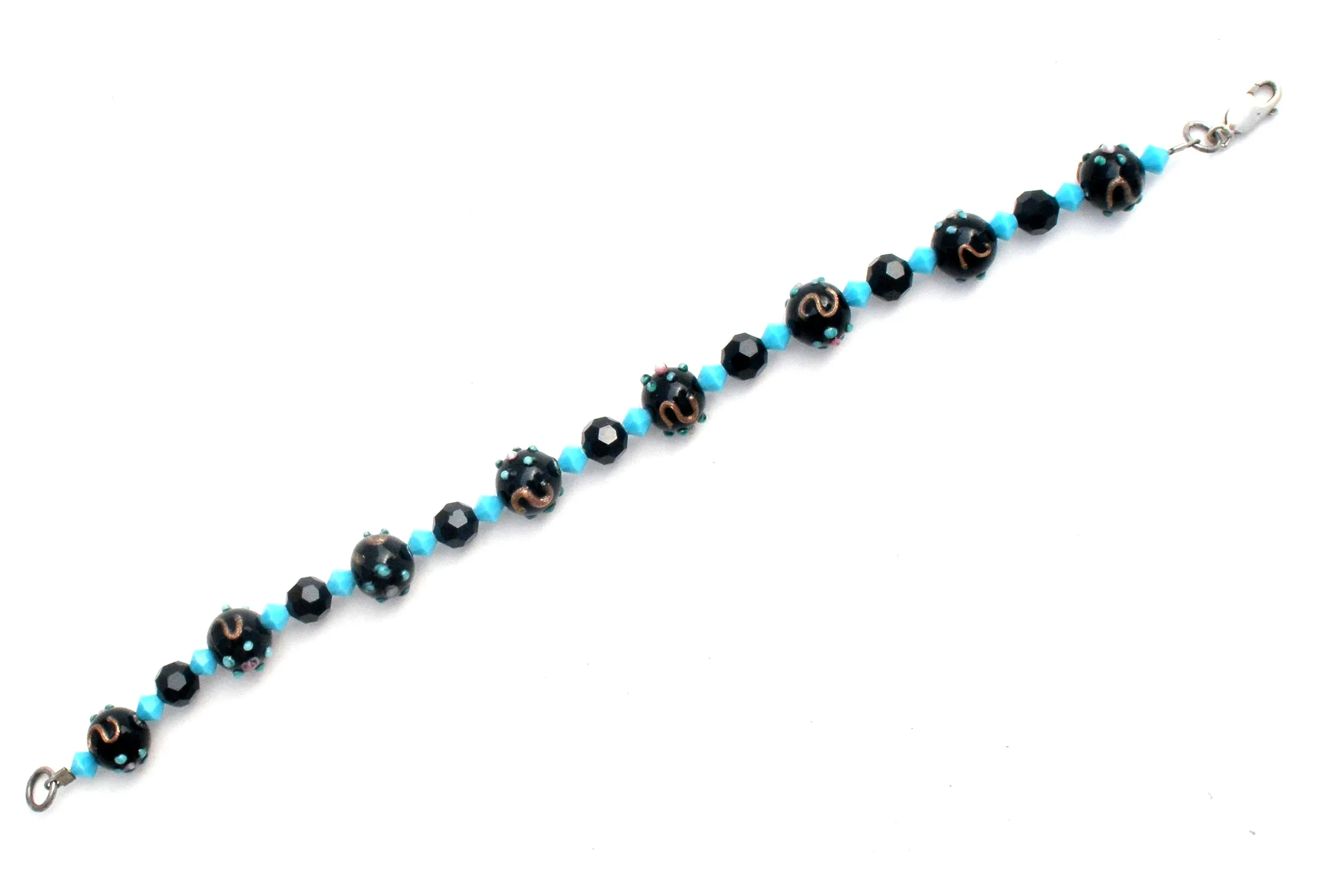 Blue & Black Lampwork Glass Bead Bracelet 925