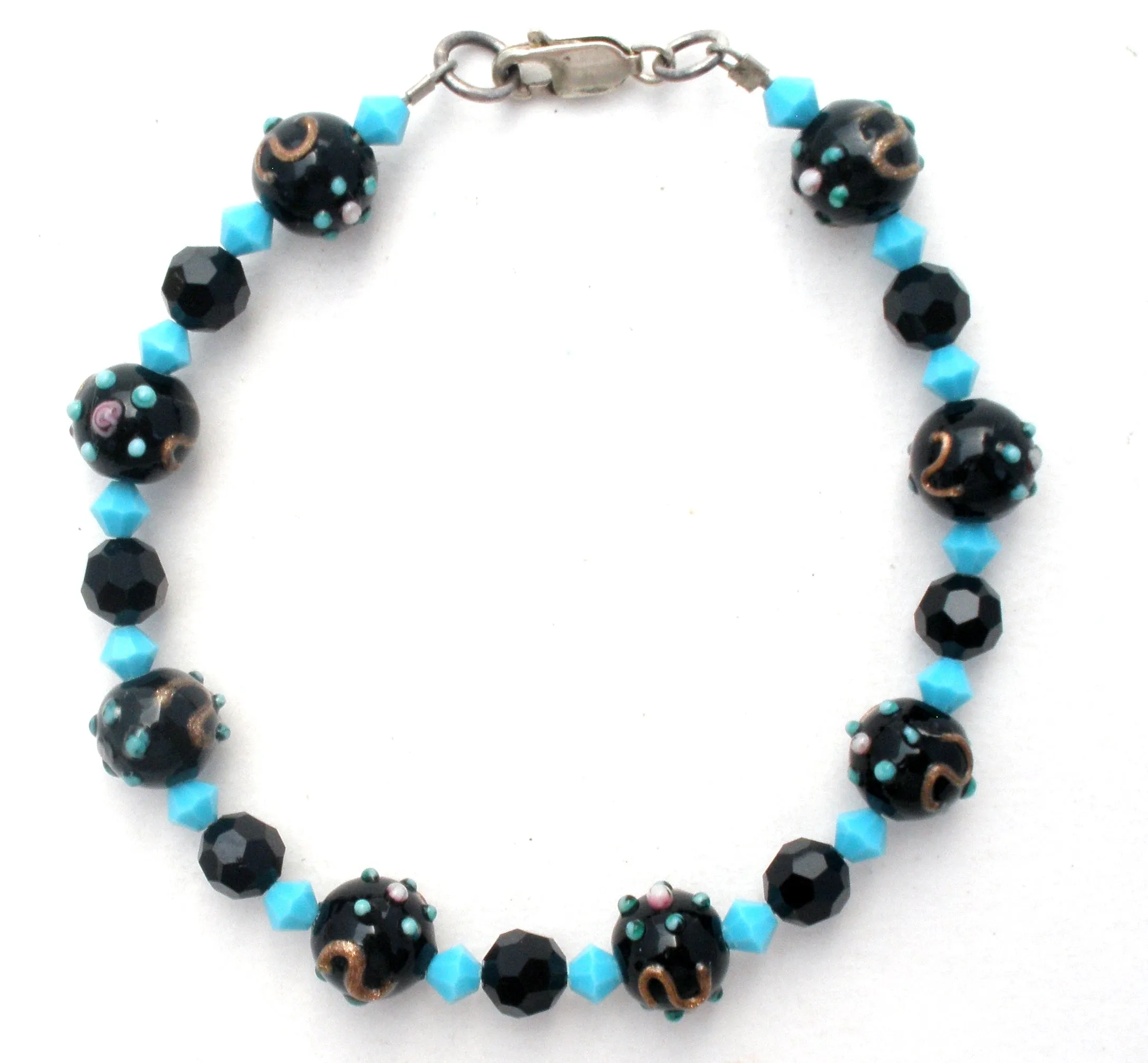 Blue & Black Lampwork Glass Bead Bracelet 925