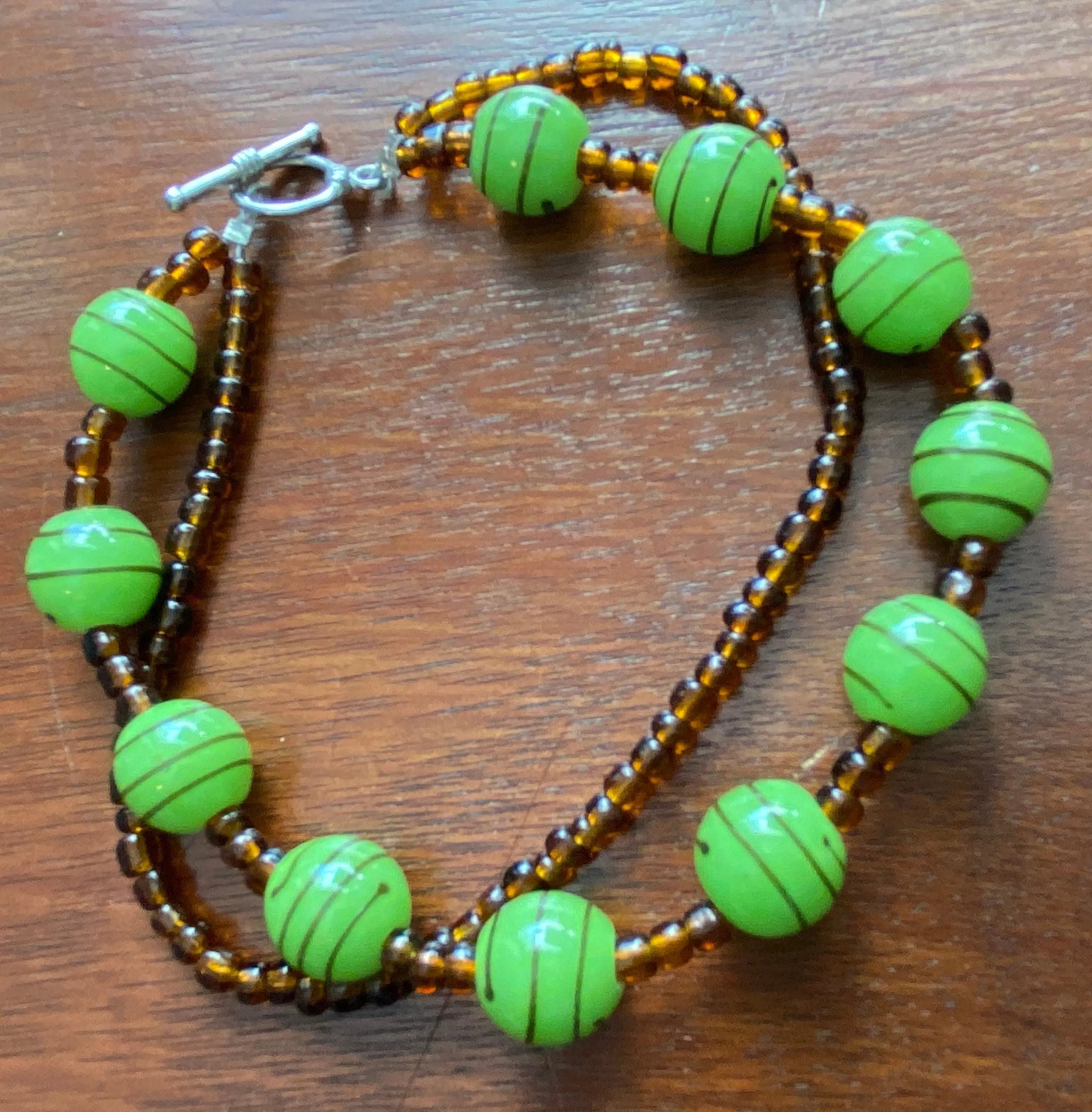 Brown/Amber Green Striped Bead Toggle Clasp Bracelet Anklet 9.75" Long