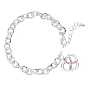 Crystal Pink Ribbon Heart Charm Silver Chunky Charm Bracelets