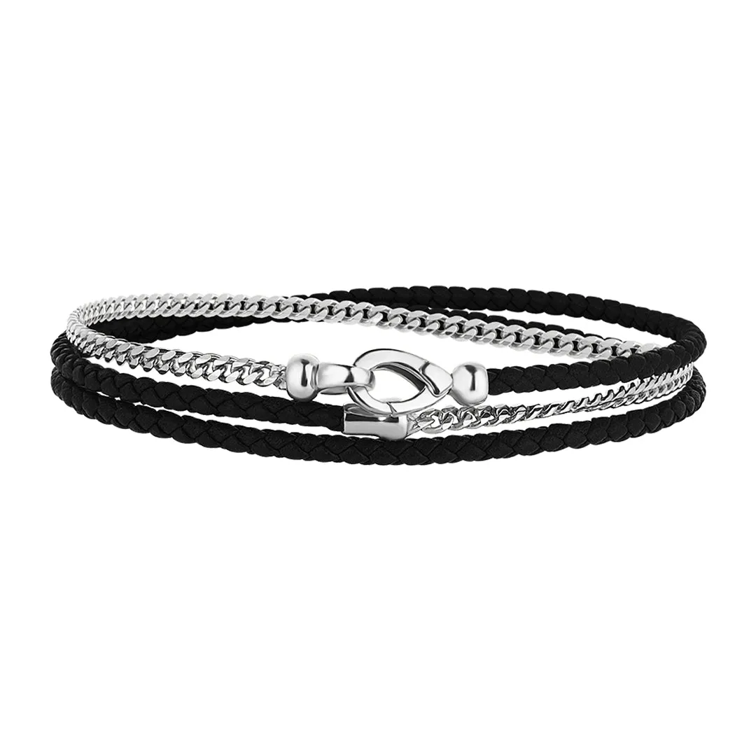 Cuban Chain & Leather Wrap Bracelet in Silver