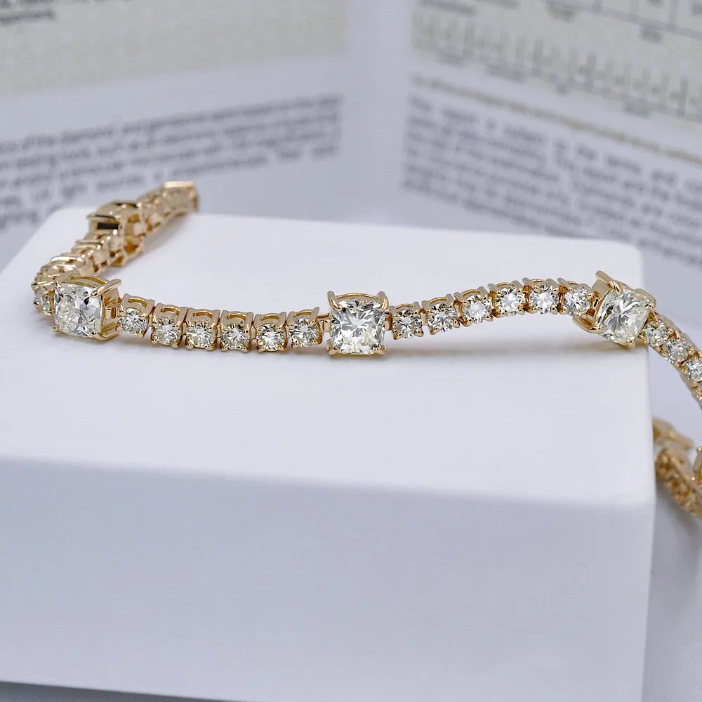 Elegant 7.00CT Cushion and Round Cut Diamond Tennis Bracelet in 14KT Yellow Gold