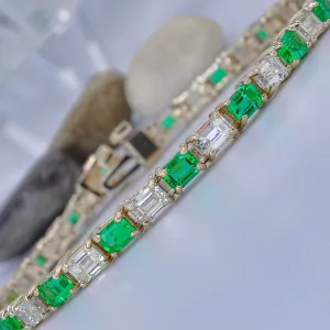 Extravagant 8.00CT Emerald Cut Diamond and Green Emerald Tennis Bracelet in 14KT Yellow Gold