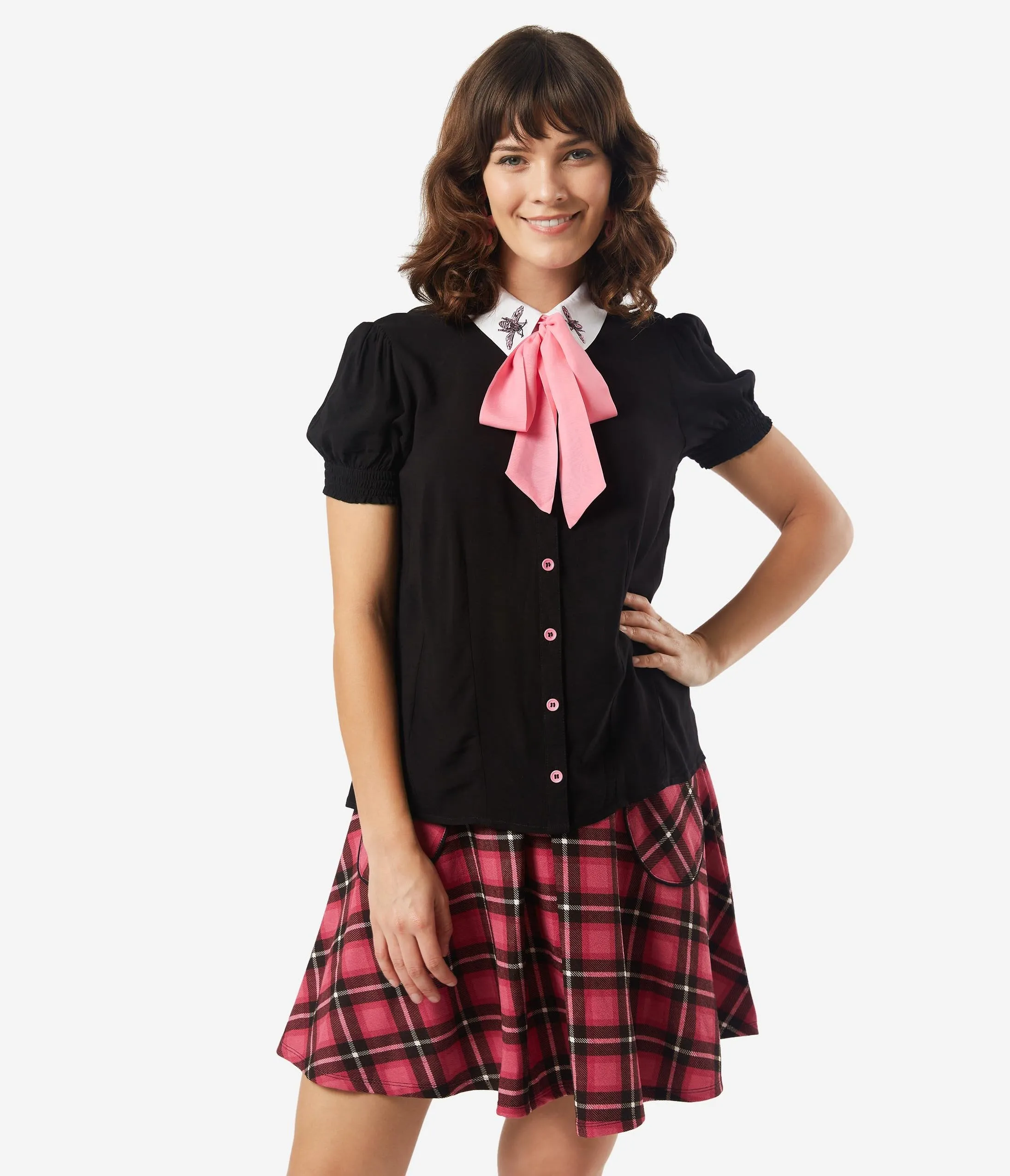 Hell Bunny Black & Pink Bow Tie Bee Buzz Blouse