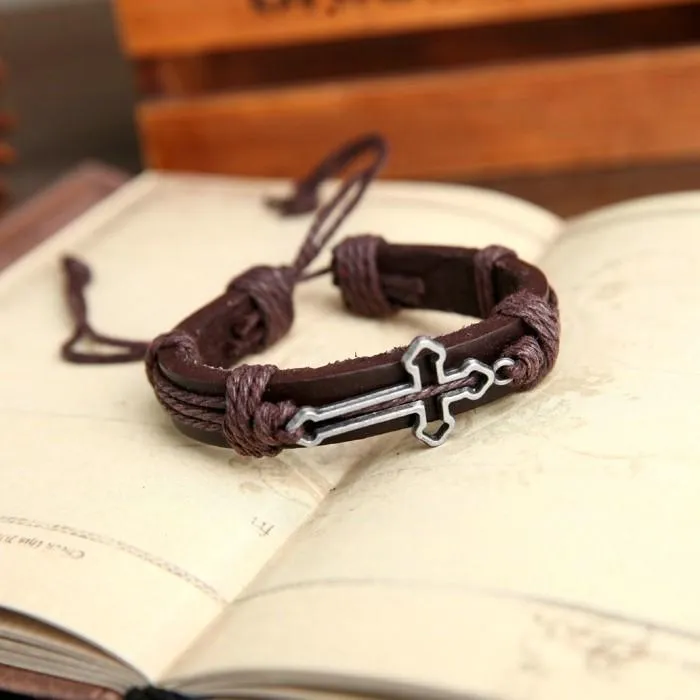 Hollow Cross Genuine Leather Bracelet