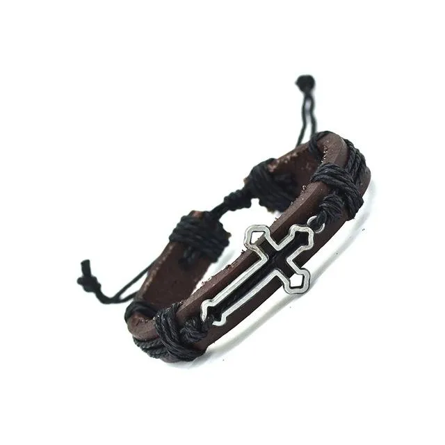 Hollow Cross Genuine Leather Bracelet