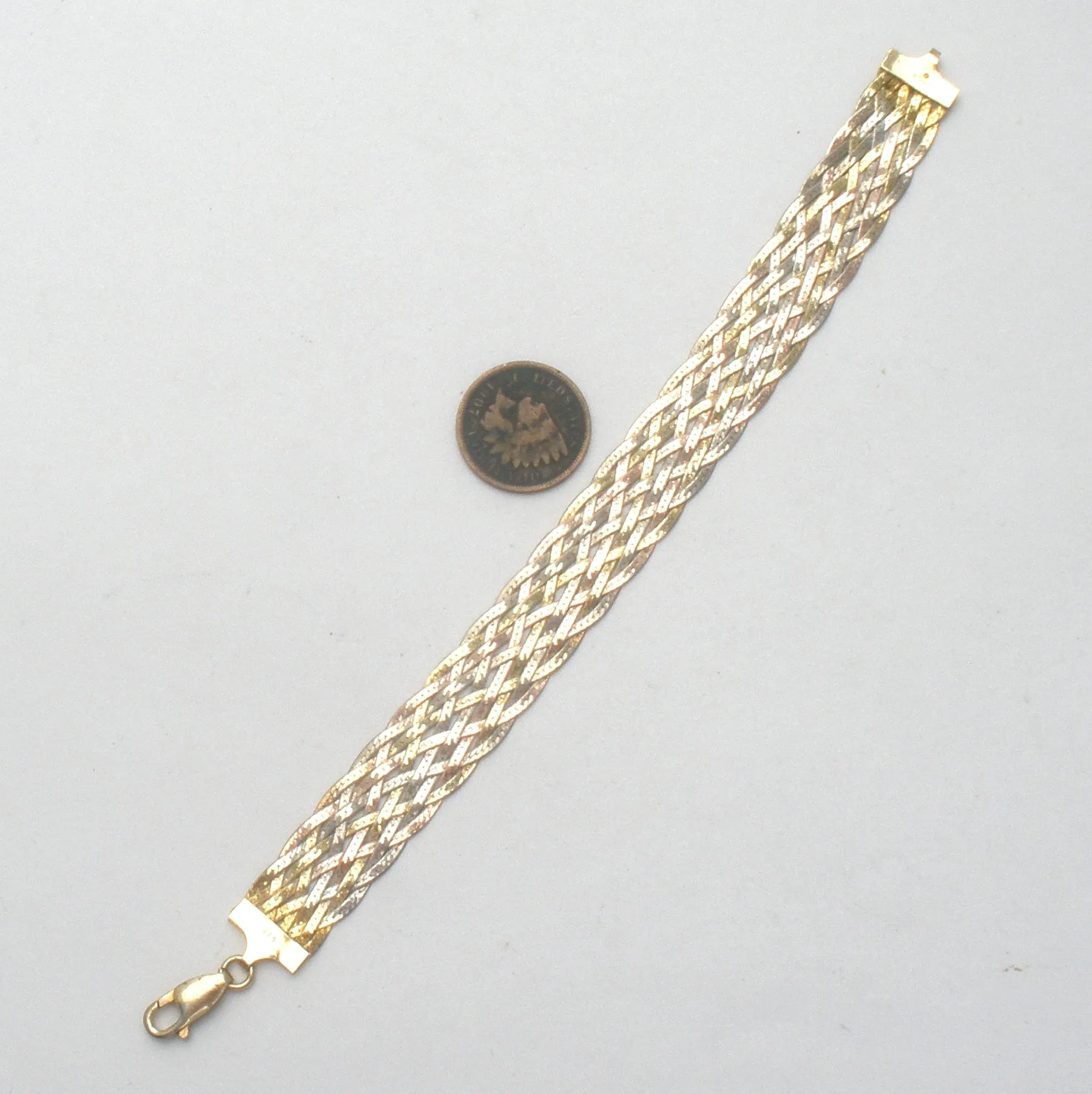 Italian Sterling Tri Gold Braided Bracelet 7"