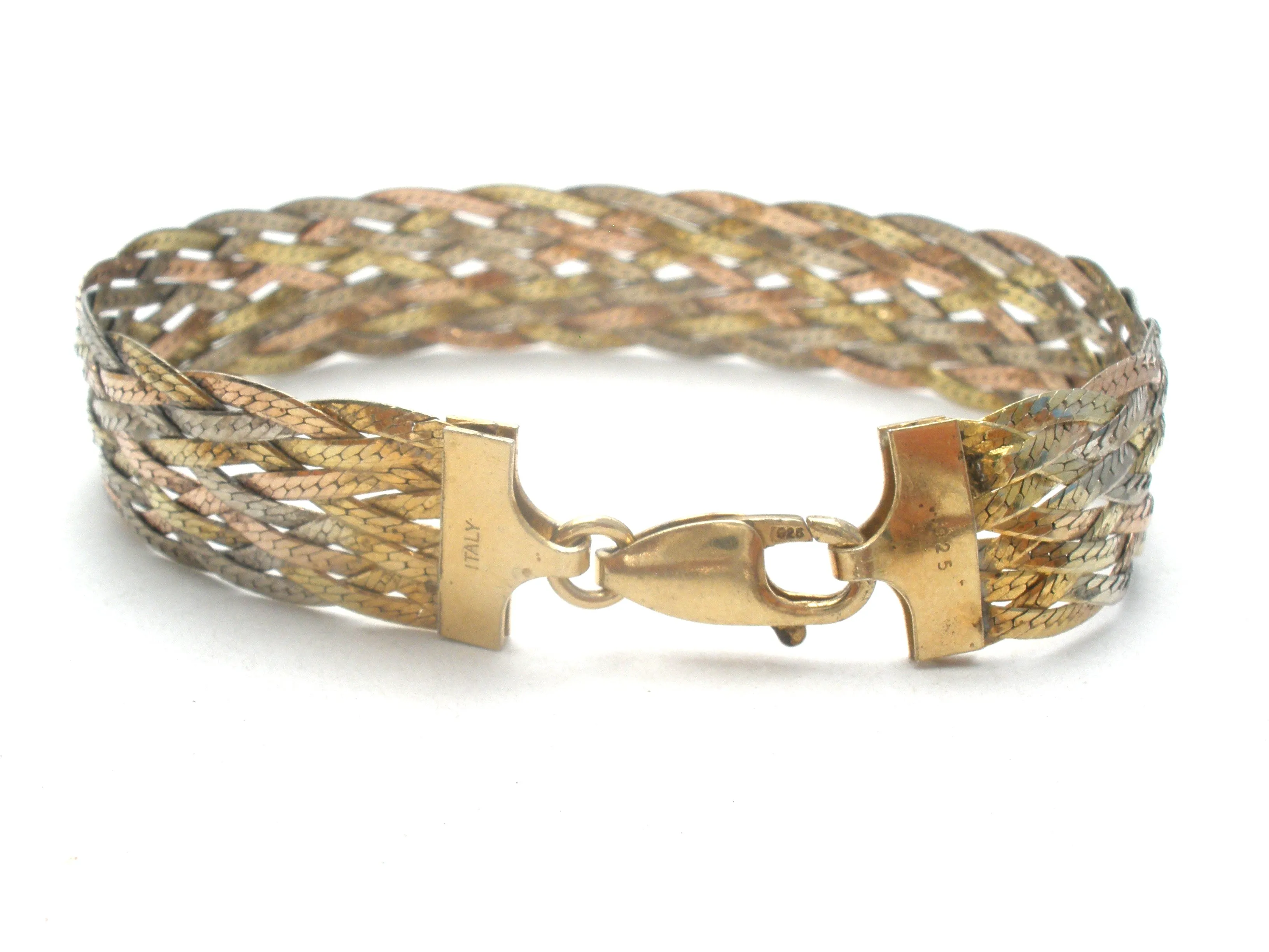 Italian Sterling Tri Gold Braided Bracelet 7"