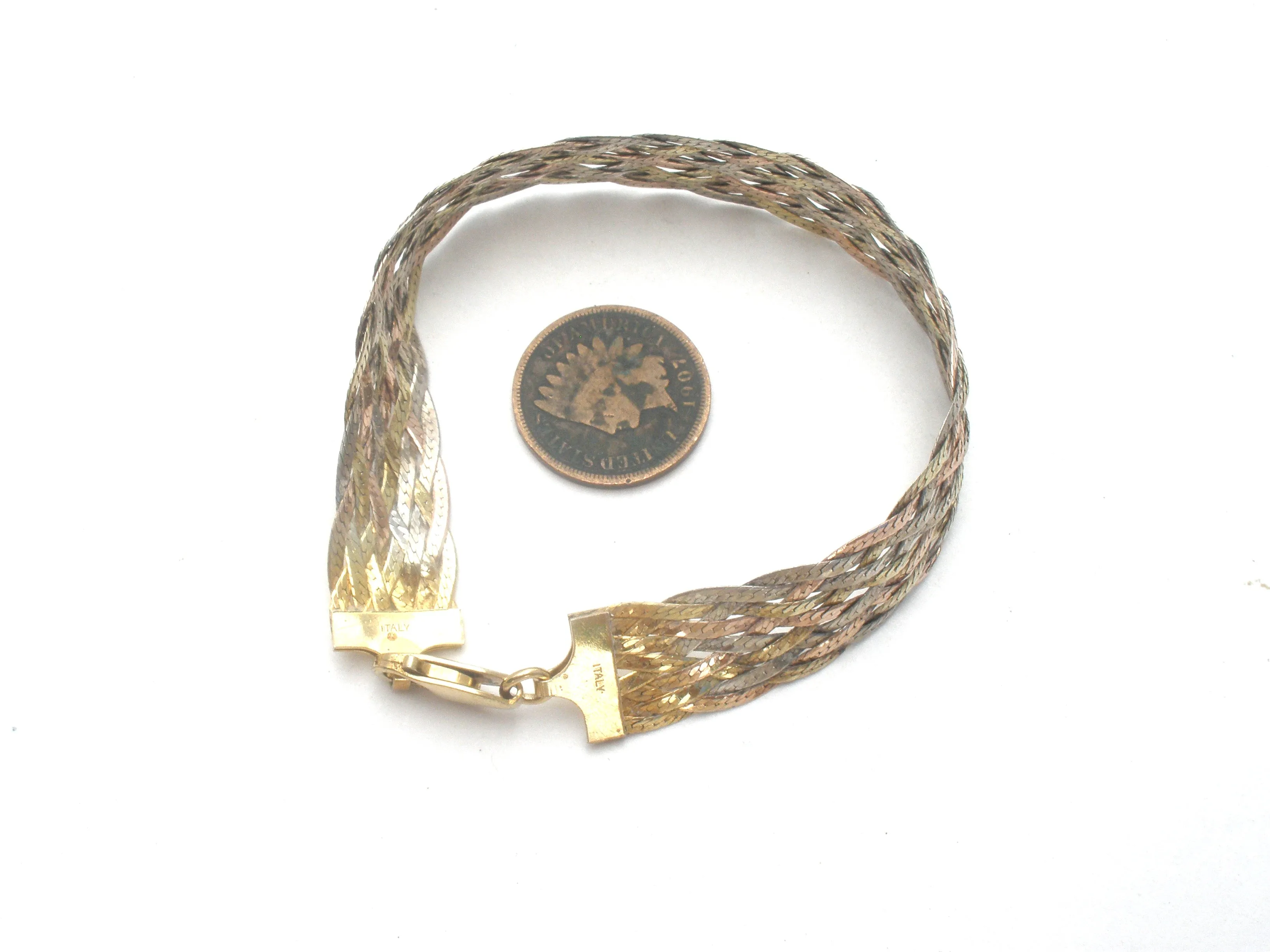 Italian Sterling Tri Gold Braided Bracelet 7"