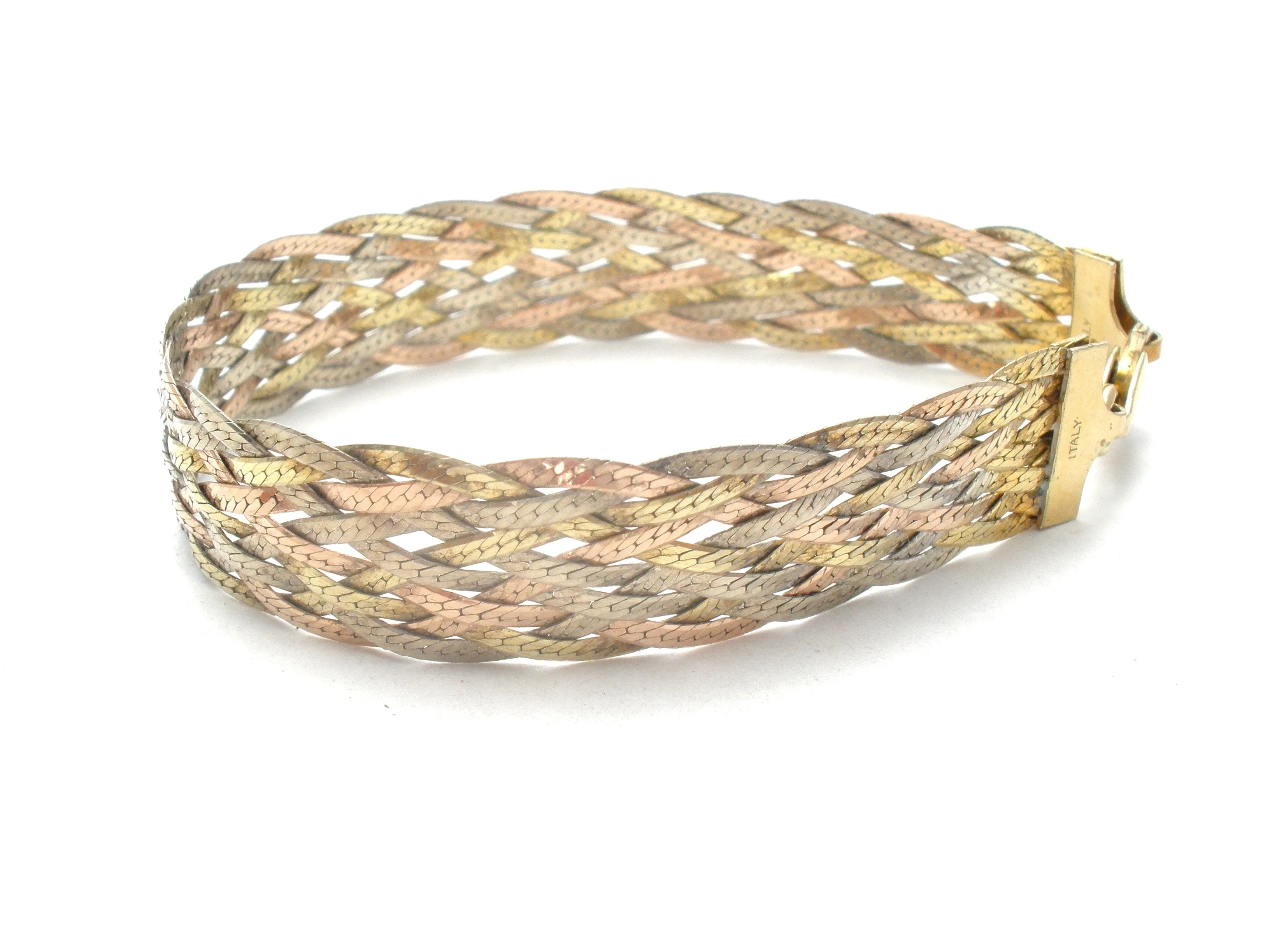 Italian Sterling Tri Gold Braided Bracelet 7"