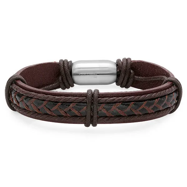 Men's Brown Genuine Leather Bracelet With Stainless Steel Clasp