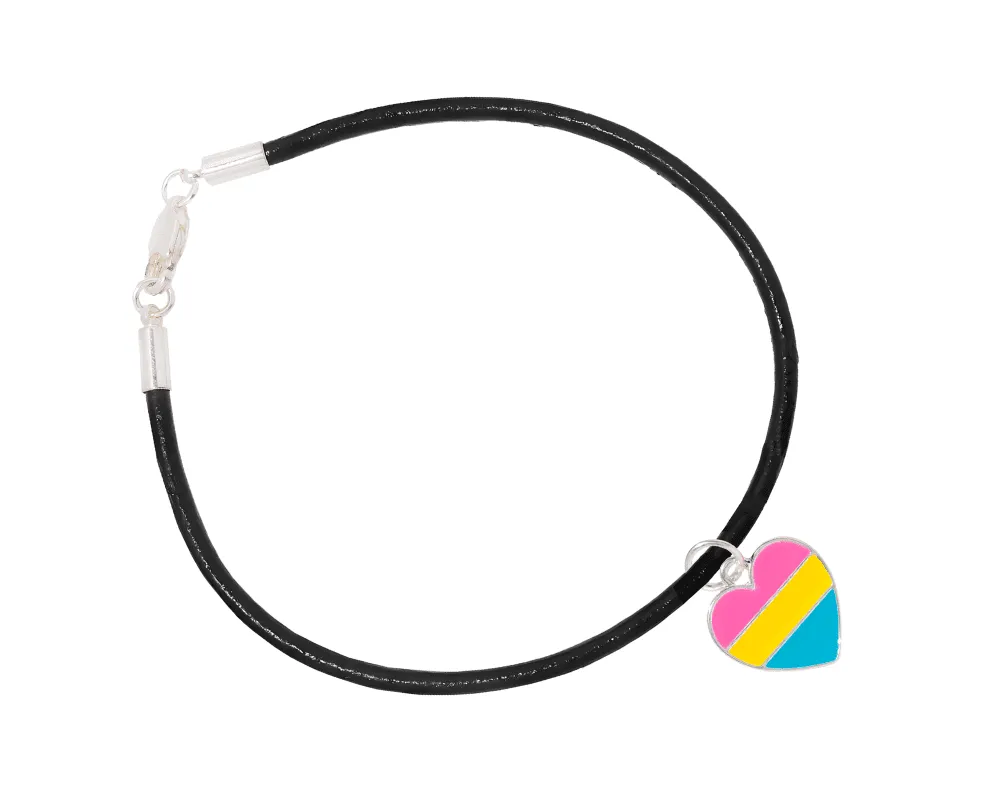 Pansexual Heart Charm Black Leather Cord Bracelets