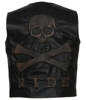 Purchase Men's Skull and Crossbones Black Leather Motorcycle Vest For Sale