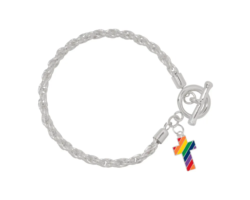 Rainbow Flag Cross Charm Silver Rope Bracelets