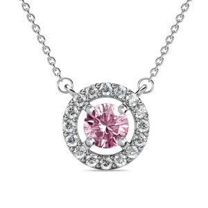 Royal October Birthstone Pink Tourmaline Necklace, 18k White Gold Plated Silver Halo Necklace with Round Cut Crystal