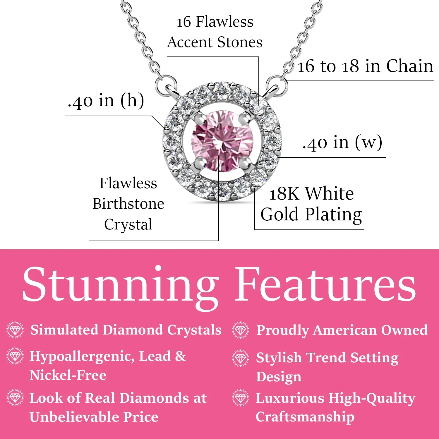 Royal October Birthstone Pink Tourmaline Necklace, 18k White Gold Plated Silver Halo Necklace with Round Cut Crystal