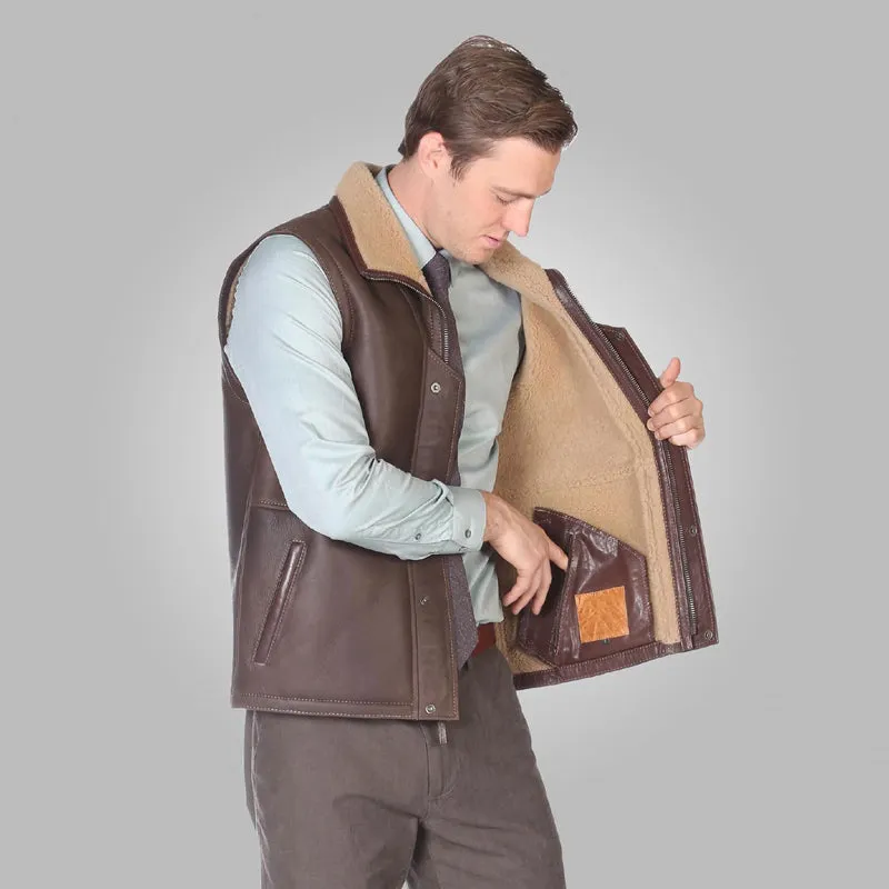 Shop Rfx Leather Stylish Mens Brown Leather Shearling Vest for Less