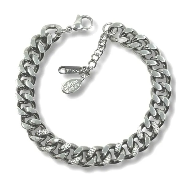 Stainless Steel 'Cuban' Chain: Rhodium Plated And CZ Bracelet: (BSS4450)