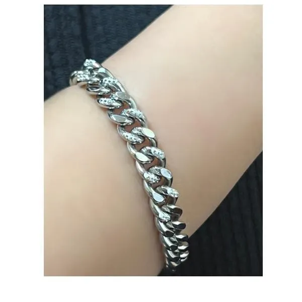 Stainless Steel 'Cuban' Chain: Rhodium Plated And CZ Bracelet: (BSS4450)