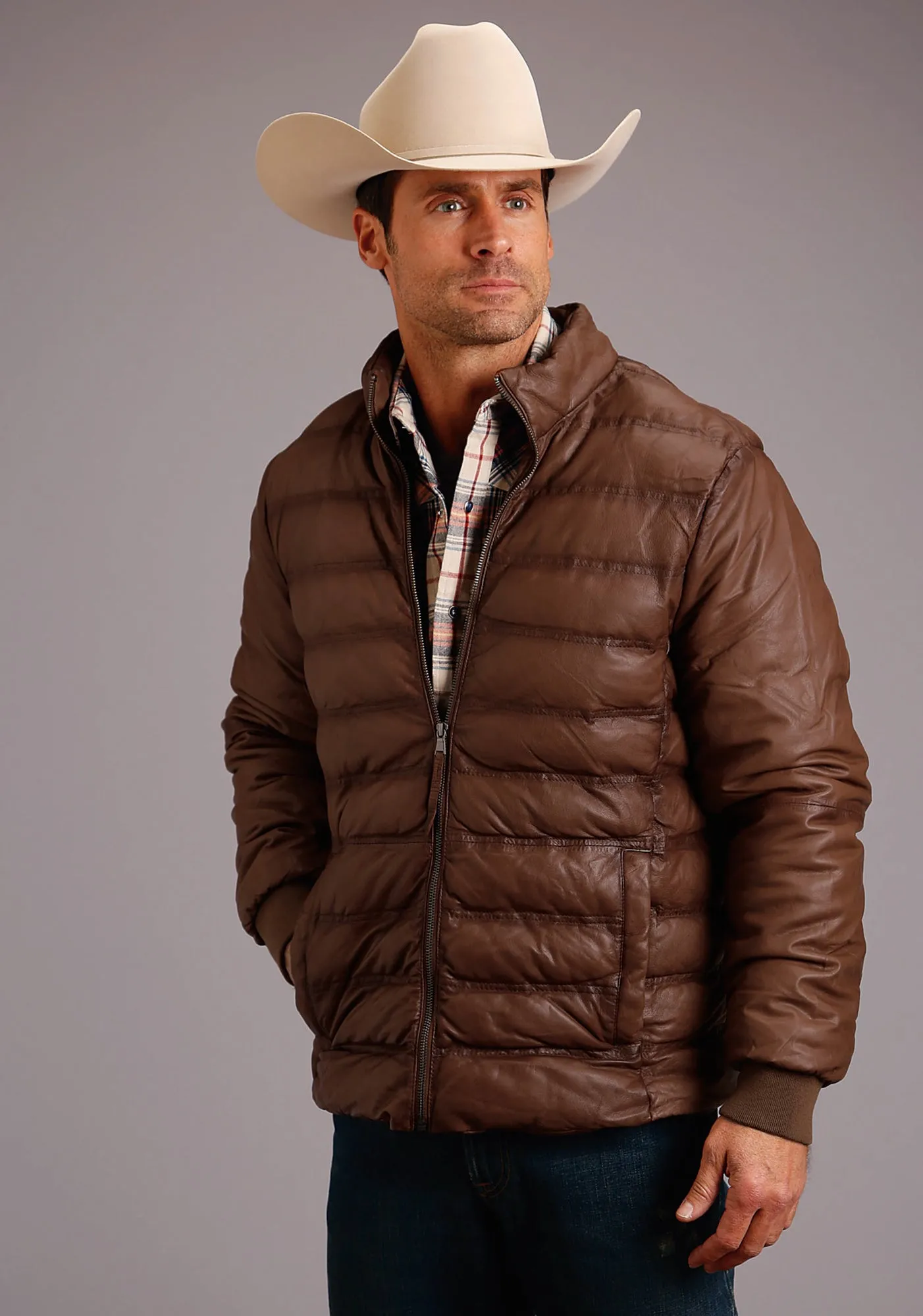 Stetson Mens Brown Leather Puffy Body Jacket