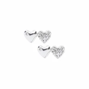 Two Heart Silver and Crystal Stud Earrings